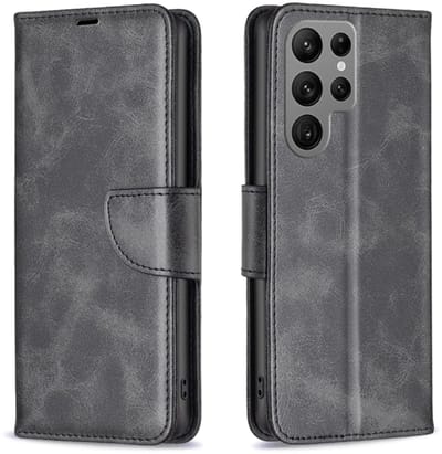 Voor Samsung Galaxy S24 Ultra 5G lamsvachttextuur pure kleur flip lederen telefoonhoes (zwart)