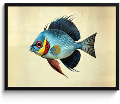 Poster in lijst - Fotolijst 80x60 cm - Posters - Blauw - Kieuwen - Vis - Illustratie - Posterlijst zwart - Decoratie - Wanddecoratie woonkamer - Muurdecoratie slaapkamer