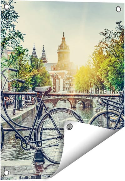 Gards Tuinposter Amsterdamse Brug bij een Gracht met Zonsondergang - 40x50 cm - Tuindoek - Tuindecoratie - Wanddecoratie buiten - Tuinschilderij