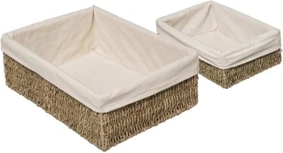 5Five Set van 2x gevlochten opbergmanden - zeegras met katoenen hoes - Kast-/badkamer mandjes - verschillende formaten