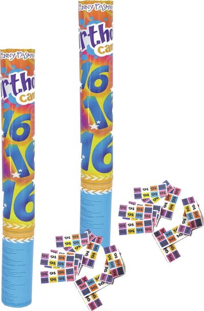 Funny Fashion confetti shooter/kanon - 2x - verjaardag 16 jaar - papier - multi kleuren - 40 cm - leeftijd feestartikelen