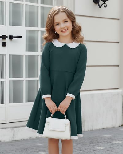 Elegante meisjes skater jurk met lange mouwen en Peter Pan kraag voor Halloween en kerstfeesten, met zakken voor kinderen van 4-12 jaar