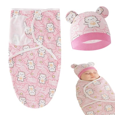 Baby Inbakerdeken met Hoedje – 100% Katoen – Roze met Witte Beertjes – 65×51 cm – Voor Pasgeborenen 0–6 Maanden – Ademend & Verstelbaar – Babydeken & Slapen Wrap Set