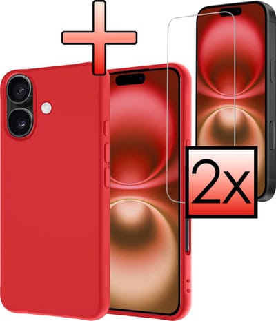 Hoesje - Met 2x Screenprotector - Geschikt voor Apple iPhone 16 - Sterk & Shockproof - Back Cover - Siliconen Case - Telefoon Hoes - Rood
