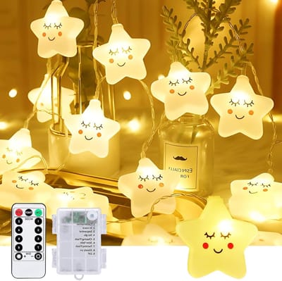 Sfeervolle batterijgevoede fairy lights met sterren, 20 LEDs, 3 m, warm wit, ideaal voor kinderkamer, met timer en afstandsbediening, 8 verlichtingsmodi, waterdicht voor slaapkamer en feestjes