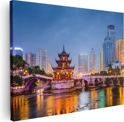 Artaza Canvas Schilderij Stad - 40x30 cm - Klein - Wanddecoratie China - Muurdecoratie Pagode Verlicht - Kamer Accessoires