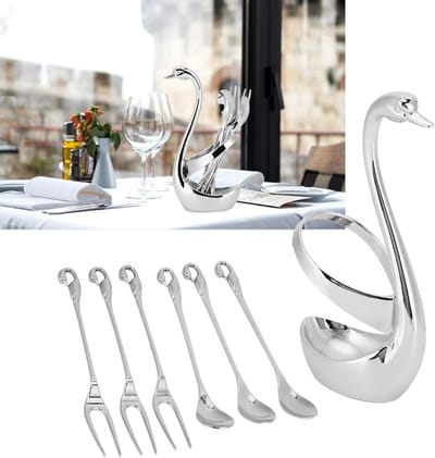 Elegante Zilveren Taartvorken met Zwanenhouder, Bestekset voor Thee en Taart, Inclusief 3 Lepels en 3 Vorken, Perfect voor Feestjes en Speciale Gelegenheden