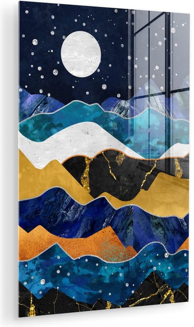 MuchoWow® Glasschilderij 40x60 cm - Schilderij acrylglas - Nacht - Goud - Marmer - Abstract - Landschap - Berg - Foto op glas - Muurdecoratie woonkamer - Wanddecoratie slaapkamer - Schilderijen