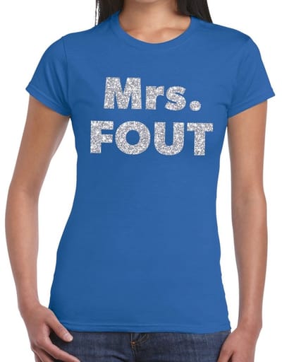 Mrs. Fout zilver glitter tekst - t-shirt - blauw - voor dames - foute party kleding - Carnaval verkleedkleding XS