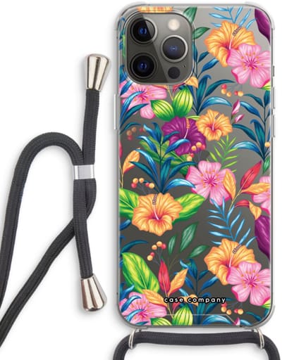 Case Company® - Hoesje met koord geschikt voor iPhone 12 Pro hoesje met Koord - Tropisch 2 - Telefoonhoesje met Zwart Koord - Bescherming aan alle Kanten en Over de Schermrand
