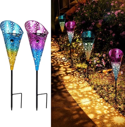 Metalen zonnelampen met grondpen voor buiten - set van 2 stuks IP65 waterdichte zonnelampen voor tuin, gazon en terras