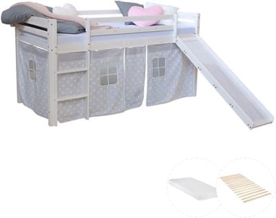 Homestyle4u Hoogslaper - 90x200 cm - met matras - glijbaan - gordijn met sterren - wit