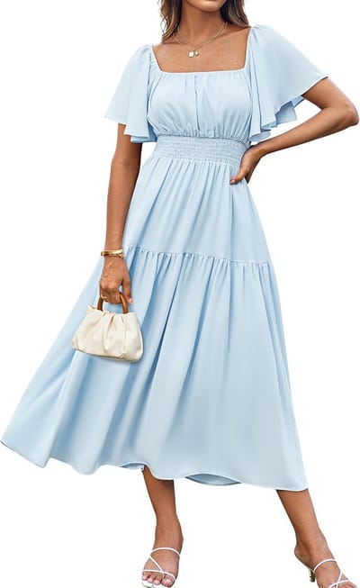 Elegante Lange Zomerjurk Dames met Pofmouwen en Vierkante Hals - A-lijn Wikkeljurk