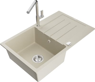 Mexen Bruno granieten spoelbak 1-komorig met afdruiprek en keukenkraan Flora, beige - 6513-69-670401-00