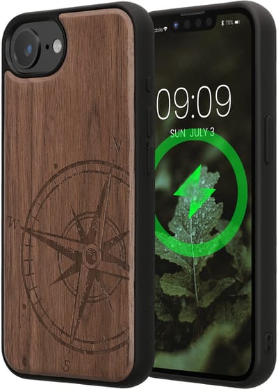 kwmobile Echt Houten Beschermhoes voor Apple iPhone 16e – Hout & TPU Cover – hout Vintage Kompas design