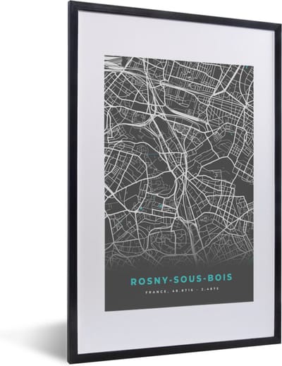 Fotolijst incl. Poster - Rosny-sous-Bois - Plattegrond - Kaart - Stadskaart - Frankrijk - 40x60 cm - Posterlijst