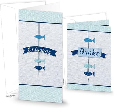 Kaartenset Vissen - Uitnodiging Dankkaart - Feestelijke Gelegenheden - Maritiem Thema - 21 x 105 cm - Blauw Wit