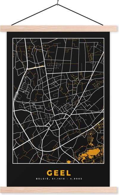 Posterhanger incl. Poster 40x60 cm - Schoolplaat - Geel - Stadskaart - Kaart - Goud - Plattegrond - Textielposter - Blanke latten - Stadskaart