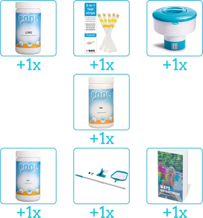 Zwembad Onderhoudspakket - Onderhoud Zwembad - bevat Chloor - Testrips - Chloordrijver - PH-min - PH-plus - Schoonmaakset en Zwembadgids (7-delig)