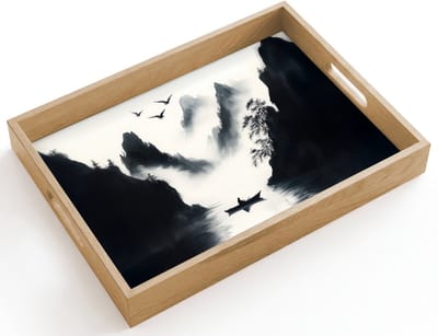 Dienblad hout 40x30 cm - Schootdienblad - Roeiboot - Mistig - Bergen - Vogels - Borrelplank rechthoek - Plateau dienbladen