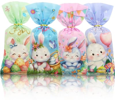 Dailygoods- Snoepzakjes 50 Stuks - Transparante Puntzakjes - Paas Goodiebags - Snackzakken met Gouden Twistbanden - Hoogwaardige Verpakking - Leuke Ontwerpen