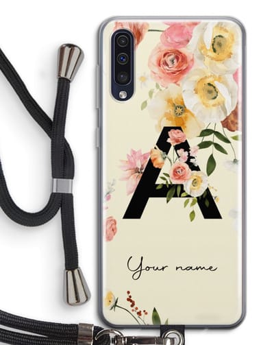 Gepersonaliseerd - Case Company® - Hoesje met koord geschikt voor Samsung Galaxy A50 hoesje met Koord - Flirty Flowers Monogram - Telefoonhoesje met Zwart Koord - Bescherming aan alle Kanten en Over de Schermrand