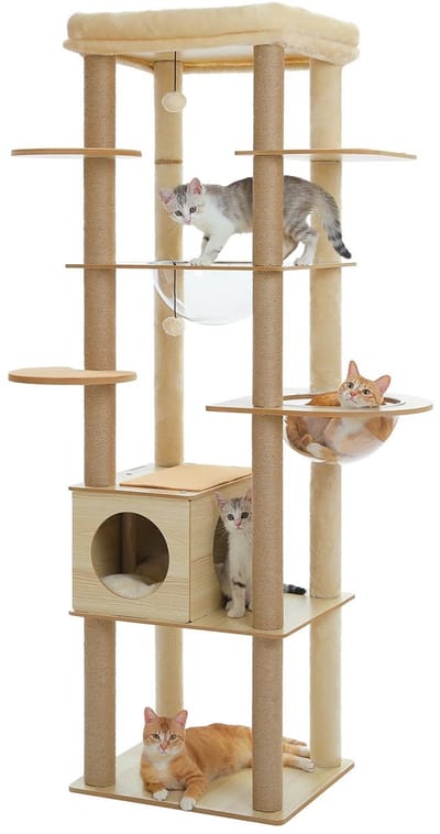 DailyDamaar krabpaal voor katten - Kattenboom - Kattenmeubel - Kattentoren - Indoor - 56.5x52.5x33cm - Hout - Beige - Met hangmat