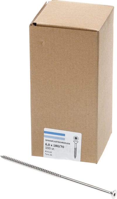 Hoenderdaal Spaanplaatschroef RVS platverzonken kop TX25 deeldraad 6.0X180/70 (per 100 stuks)