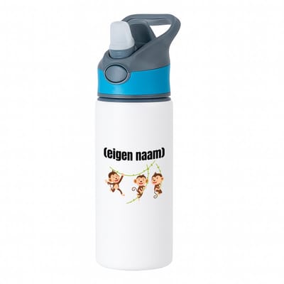 Hacebo® - slingerende aapjes met eigen naam waterfles met rietje blauw - Aap - apen liefhebbers - iemand die houdt van apen - verjaardag - cadeau - kado - geschenk - water fles - 650ML