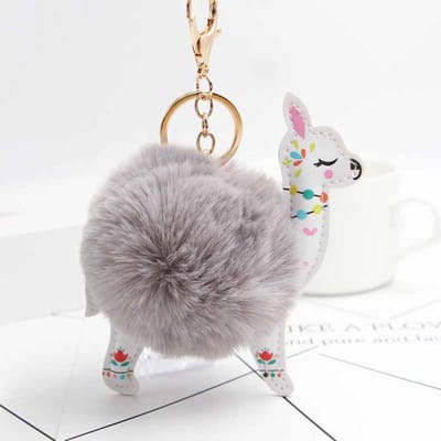 DW4Trading Pompom Alpaca Sleutelhanger - Fluffy - Bolletje - Taupe / Grijs