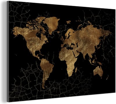 Aluminium schilderij 180x120 cm - Wanddecoratie metaal - Wereldkaart - Marmer - Goud - Metalen muurdecoratie woonkamer - Decoratie industrieel - Foto op dibond - Industriële accessoires slaapkamer
