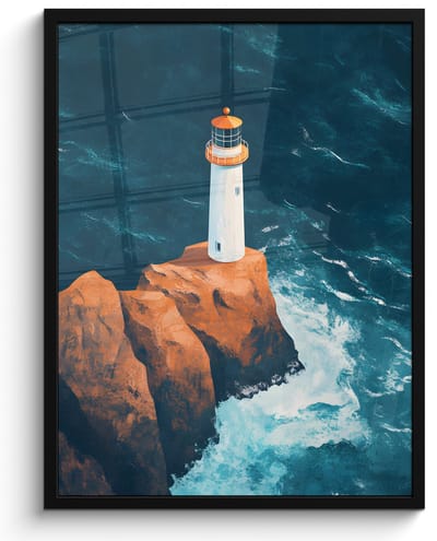Poster in lijst - Fotolijst 50x70 cm - Posters - Vuurtoren - Rots - Zee - Golven - Posterlijst zwart - Decoratie - Wanddecoratie woonkamer - Muurdecoratie slaapkamer