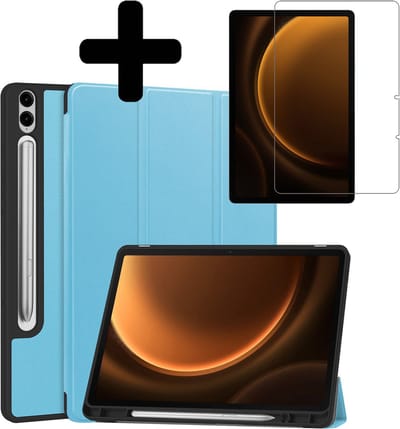 Hoes - Geschikt voor Samsung Galaxy Tab S9 FE Plus - Met Screenprotector - Trifold Bookcase - Hard Cover Case - Met Uitsparing Geschikt voor S Pen - Hardcover Book - Tablet Hoesje - Lichtblauw