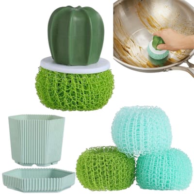 6-delige afwasborstelset met standaard - ontwerp met vervangbare borstelkop - pannenborstel - afwasborstel - 6*4*8,5 cm - voor het schoonmaken van potten en pannen - blauw, groen
