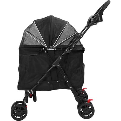 Opvouwbare Hondenbuggy Ademend Gaas met Dubbele Rits Kap Afneembaar Voerbakje Bekerhouder Reizen Kat Hond Buggy Black zwart