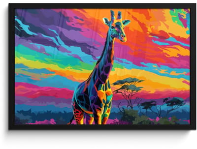 Poster in lijst - Fotolijst 60x40 cm - Posters - Giraffe - Savanna - Lucht - Gekleurd - Posterlijst zwart - Decoratie - Wanddecoratie woonkamer - Muurdecoratie slaapkamer