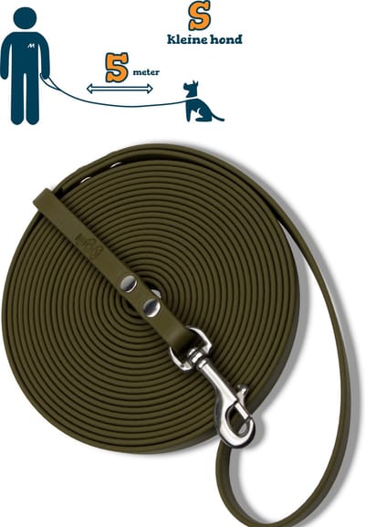 Miqdi lange lijn - BioThane – olijfgroen - 5 meter lang – 9mm breed – XS/S – kleine hond – lange hondenriem