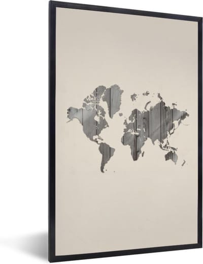 Poster in lijst - Fotolijst 80x120 cm - Posters - Wereldkaart - Houten plank - Grijs - Posterlijst zwart - Decoratie - Wanddecoratie woonkamer - Muurdecoratie slaapkamer