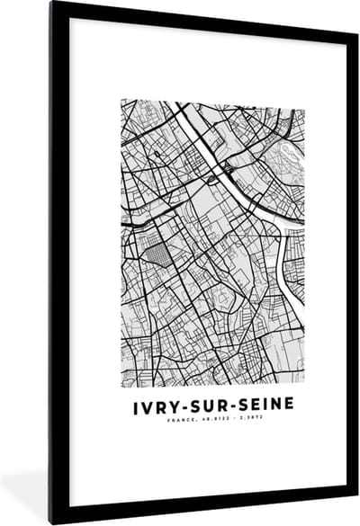 Fotolijst incl. Poster - Kaart - Stadskaart - Frankrijk - Ivry-sur-Seine - Plattegrond - 80x120 cm - Posterlijst