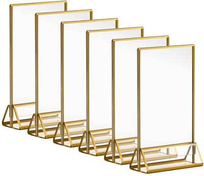 Dailygoods- Bordhouder Goud - Acryl Fotolijst - Tafelnummerstandaard - Menuhouder - Dubbelzijdige Displaystandaard - 10 x 15 cm - Set van 6 Stuks