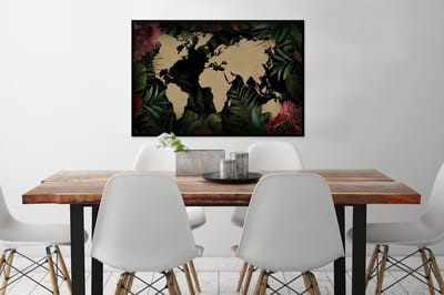 Poster in lijst - Fotolijst 90x60 cm - Posters - Wereldkaart - Bloemen - Tropische Planten - Posterlijst zwart - Decoratie - Wanddecoratie woonkamer - Muurdecoratie slaapkamer
