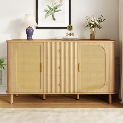 Pugsdrly Dit moderne dressoir met lades, planken en metalen poten in houtlook is een veelzijdig meubelstuk voor in de woonkamer en een echte must-have.