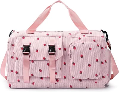 SnelShoppen - Flintronic Corduroy Aardbei Reistas - Grote Sporttas met Schoenenvak en Natte Zak - Opvouwbare Weekendtas voor Sportschool, Zwemmen, Dan