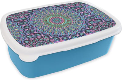 Broodtrommel Blauw - Lunchbox - Brooddoos - Mandala - Hippie - Regenboog - Neon - Patronen - 18x12x6 cm - Kinderen - Jongen