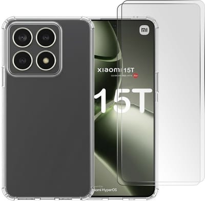 Casemania Hoesje en Glas Geschikt voor Xiaomi 15T - Transparant - Anti Shock Back Cover + 2x Tempered Glazen Screenprotector - Val/Stoot Bescherming