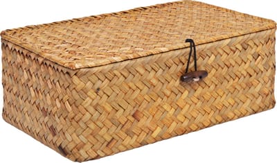 QUVIO Opbergmand - Maat M - Opbergdoos - Opbergbox - Voorraaddoos - Organizer - Sorteerdoos - Met deksel - Met knoop - Rotan - Bruin - 27x17x10cm