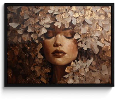 Poster in lijst - Fotolijst 80x60 cm - Posters - Gezicht - Vrouwe - Bladeren - Penseelstreken - Posterlijst zwart - Decoratie - Wanddecoratie woonkamer - Muurdecoratie slaapkamer