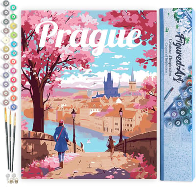 Figured'Art Schilderen op Nummer Volwassenen canvas Reisposter Praag in Bloei - Handwerk acrylverf Kit DIY Compleet - 40x50cm zonder frame
