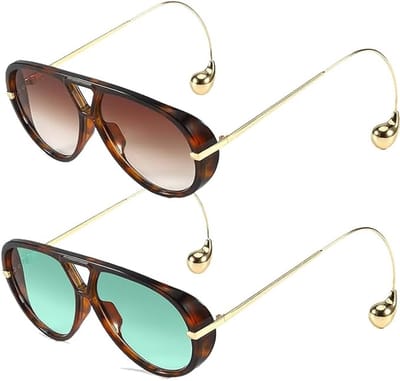Luxe Aviator Zonnebril - 2 Stuks - Retro Pilotenbril met Unieke Druppel Pootjes - Oversized Festival Bril - Piloten Zonnebril - Sunglasses - Gepolariseerde - UV400 Bescherming - Unisex - Bruin & Blauw Glazen - Stijlvolle Aviator Bril - SOLLBRY®