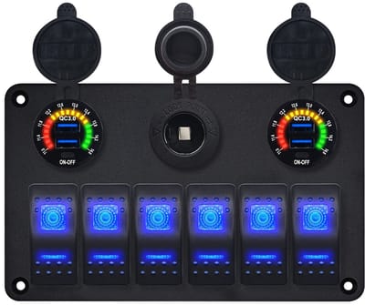 ProRide Schakelpaneel 12V voor Auto/Boot - 4 USB Poorten met Schakelaar/Voltmeter - QC3.0 - 6 schakelaars + 12V/24V stopcontact